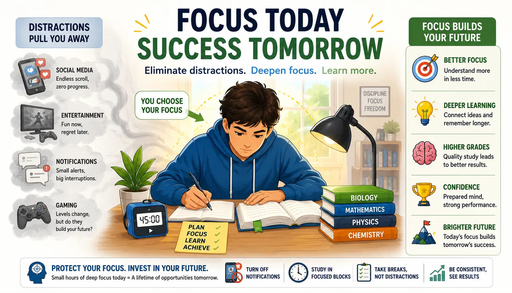 Student using deep focus and concentration techniques while studying in a distraction-free environment.