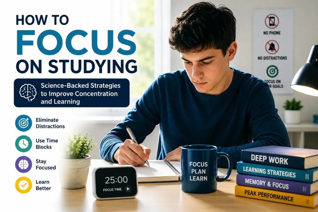 Student using science-backed focus techniques to improve concentration, learning performance, and study efficiency.