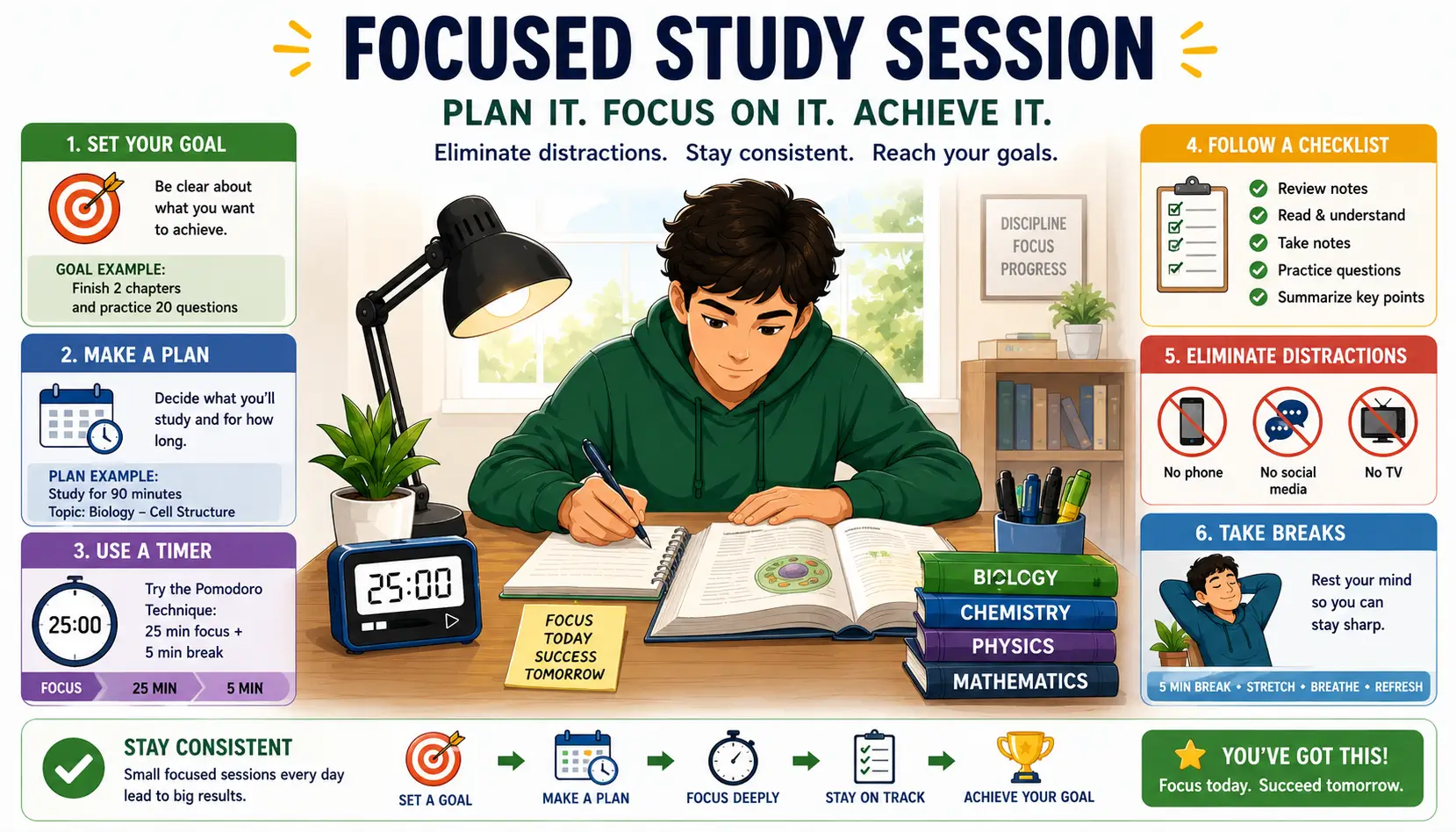 Organized study session with clear goals, time management, and focused learning strategies.