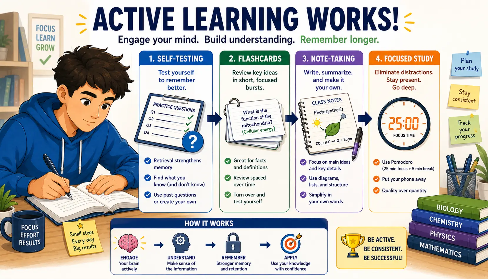 Student using active learning methods such as retrieval practice and self-testing to improve focus and memory.