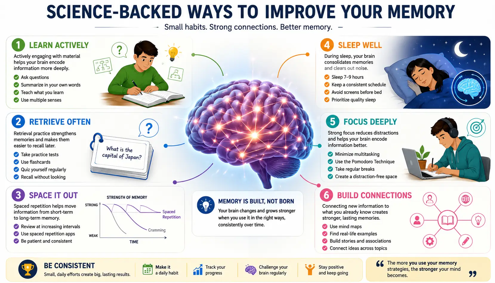 Memory improvement illustration showing learning, recall, sleep, and brain health working together to strengthen memory.