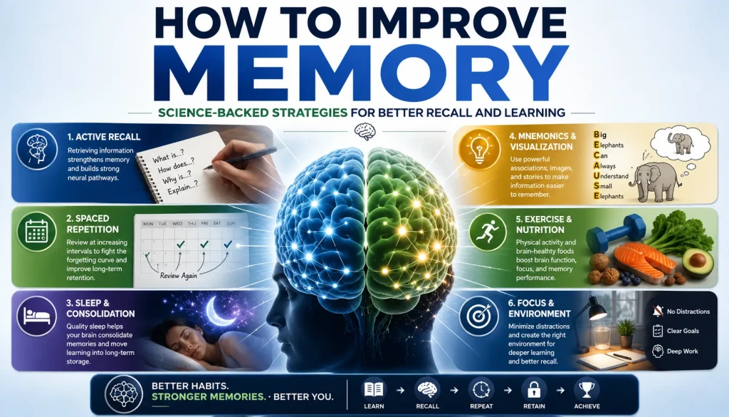 Memory improvement illustration showing science-backed techniques including active recall, spaced repetition, sleep, focus, and long-term memory retention strategies.