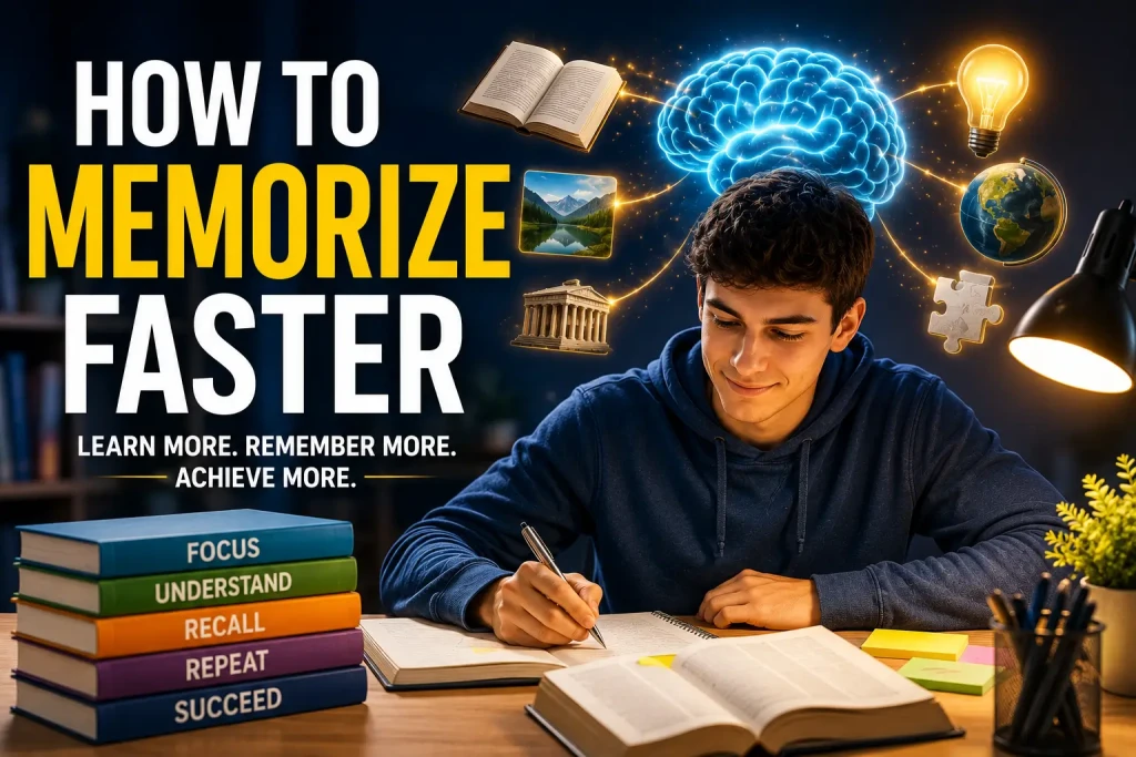 Student applying science-backed memorization techniques to improve learning speed, memory retention, and recall performance.