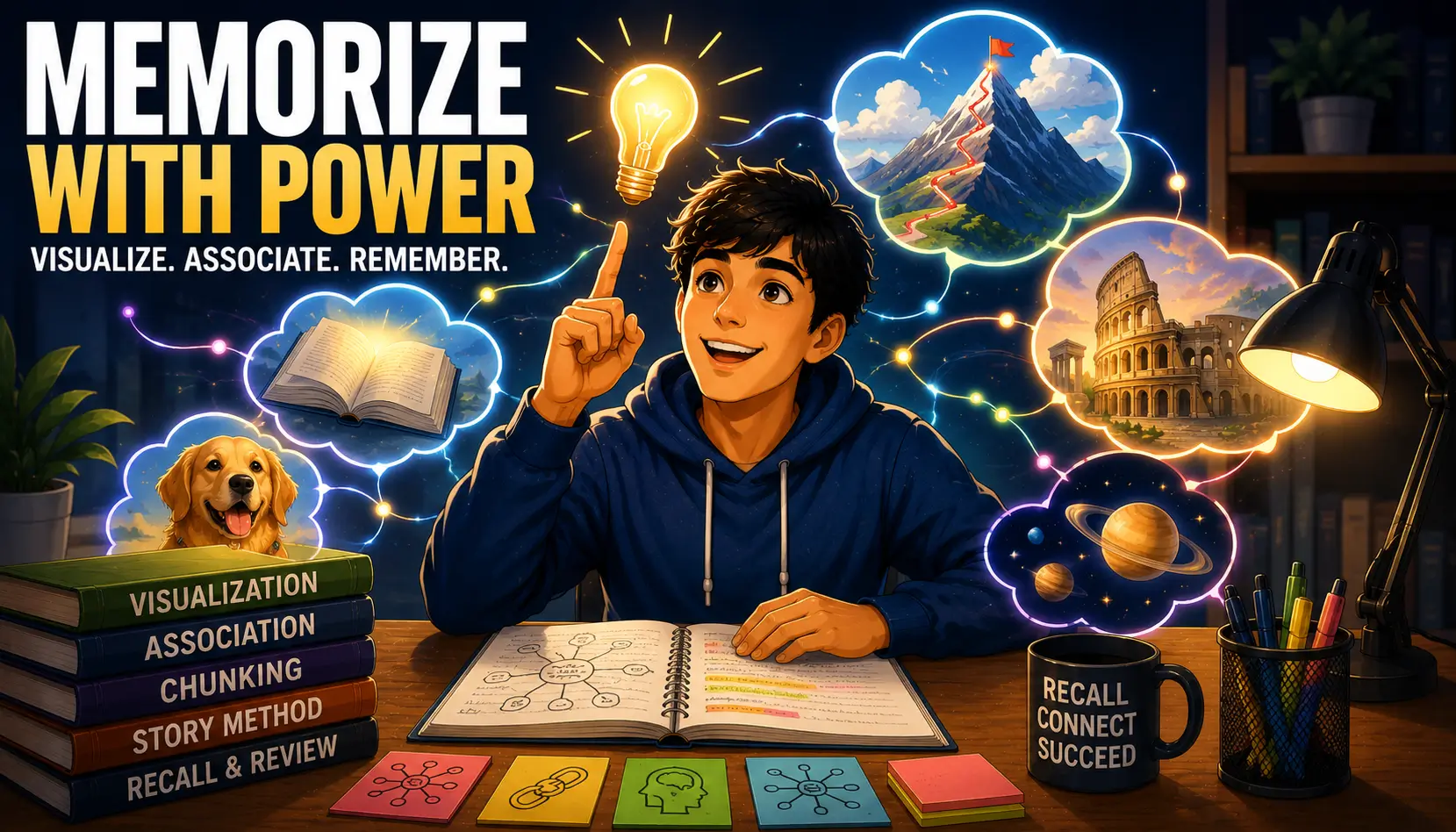 Student using advanced memorization techniques and visualization strategies to improve recall and learning speed.