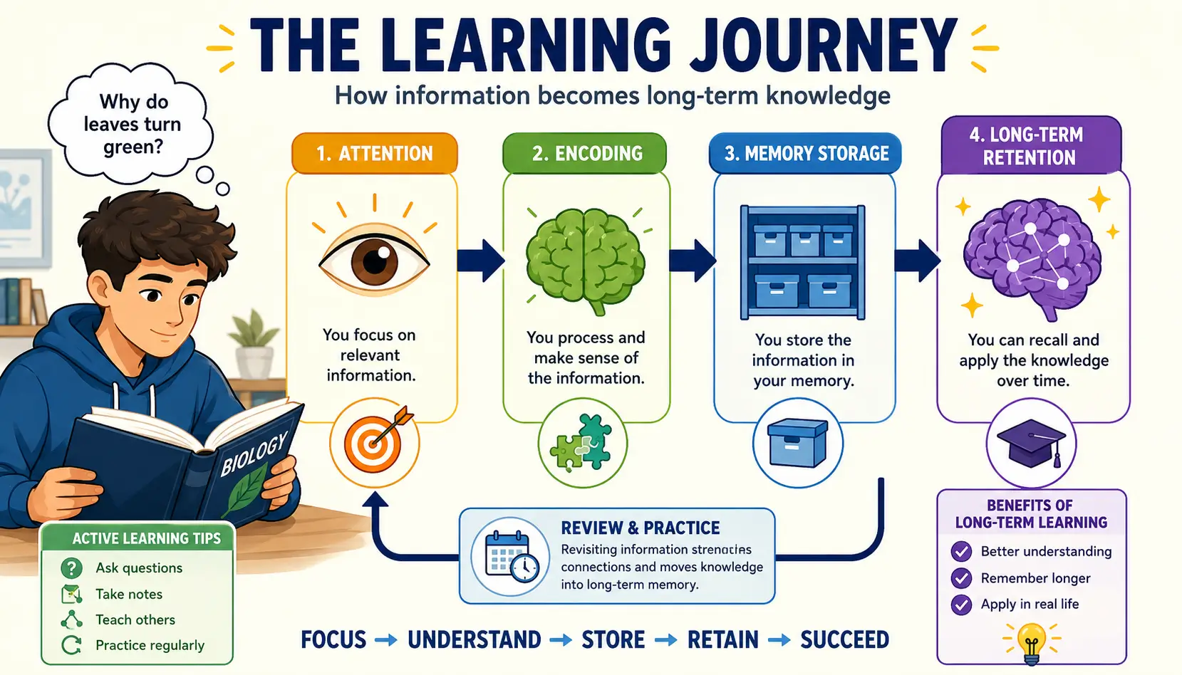 Student reading information that is being encoded and transferred into long-term memory through effective learning strategies