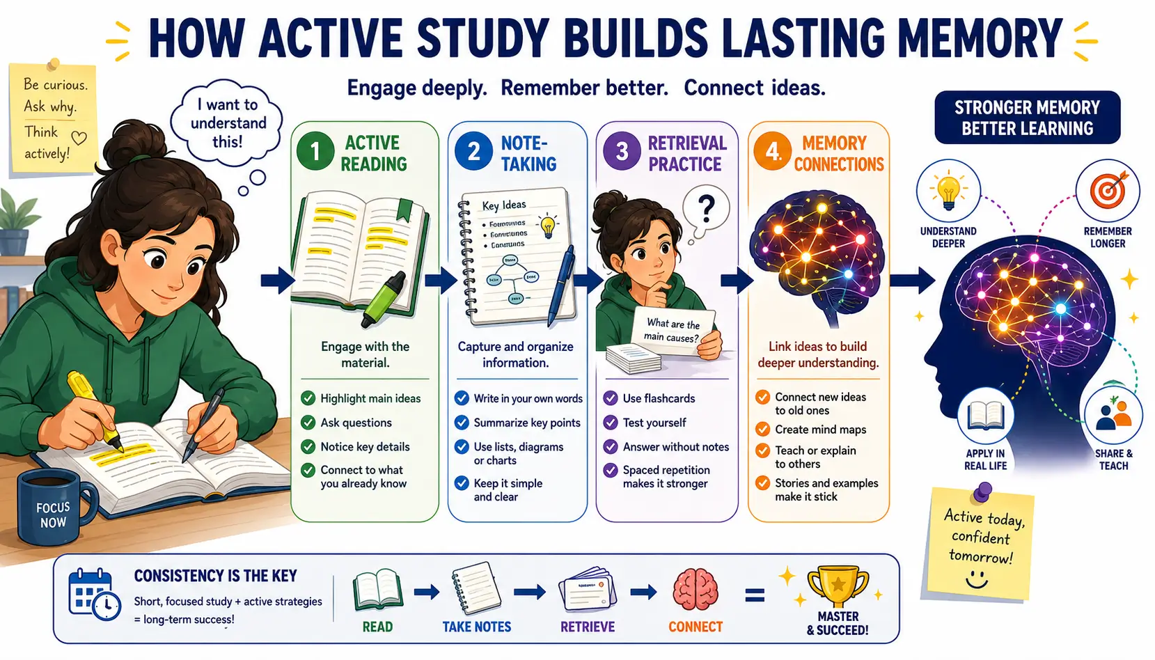 Student using active reading and retrieval practice techniques to improve memory retention and learning performance