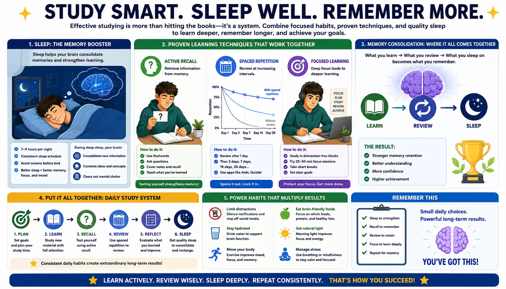 Effective studying system combining memory techniques, active learning, and long-term retention strategies