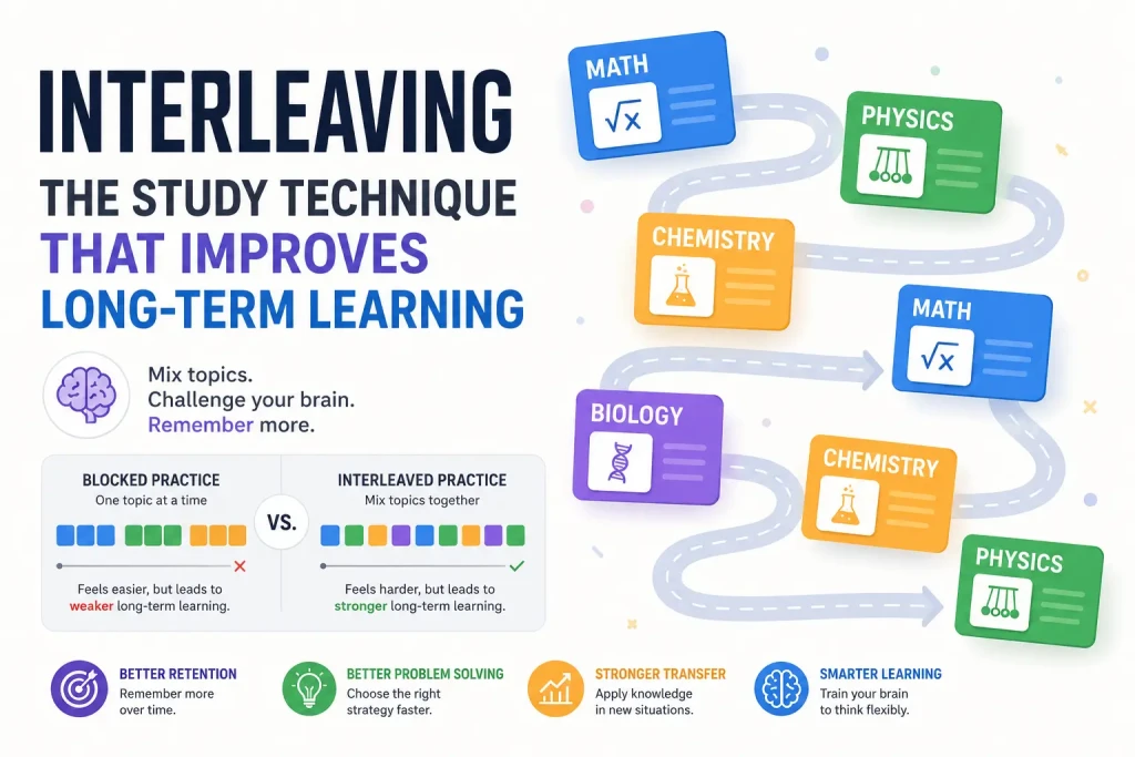 Interleaving learning technique illustration showing mixed study topics improving long-term retention, problem solving, and flexible thinking.