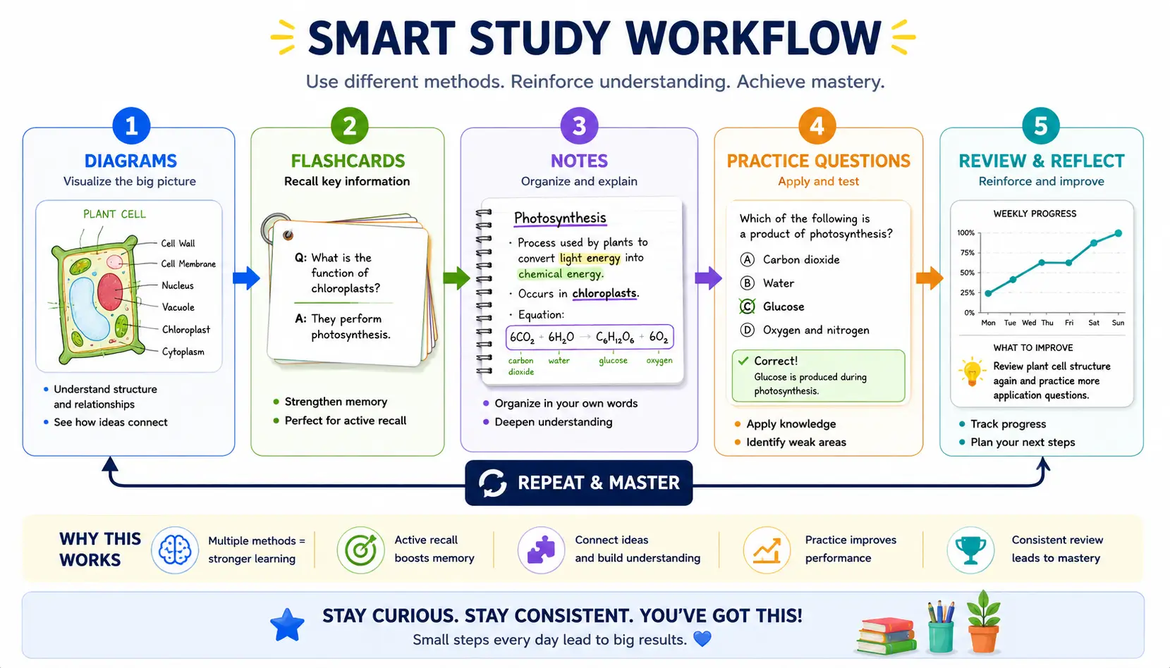 Interleaving study system combining multiple learning methods such as notes, diagrams, flashcards, and practice questions.