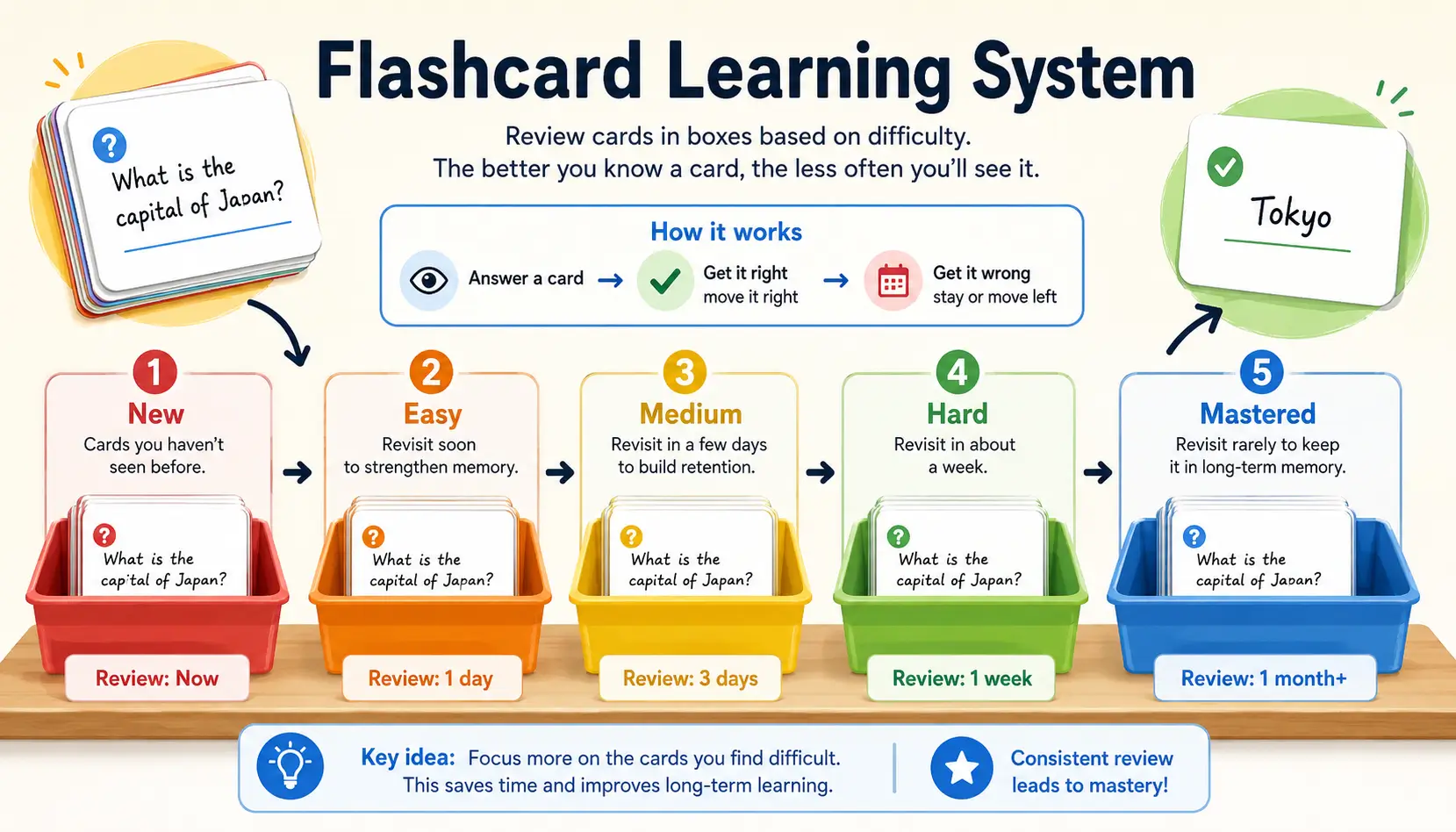 Leitner System flashcard boxes organizing information by difficulty to improve learning efficiency.
