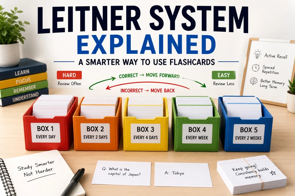 Leitner System flashcard workflow showing cards moving through multiple review boxes based on recall success and memory strength.