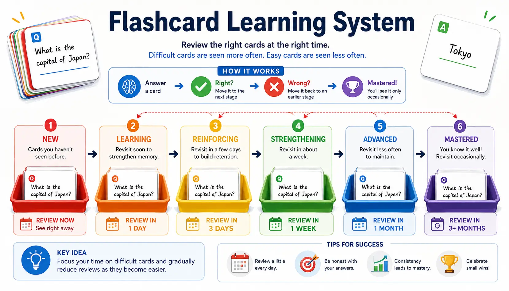 Leitner System showing flashcards moving from frequent review to long-term retention through structured practice.