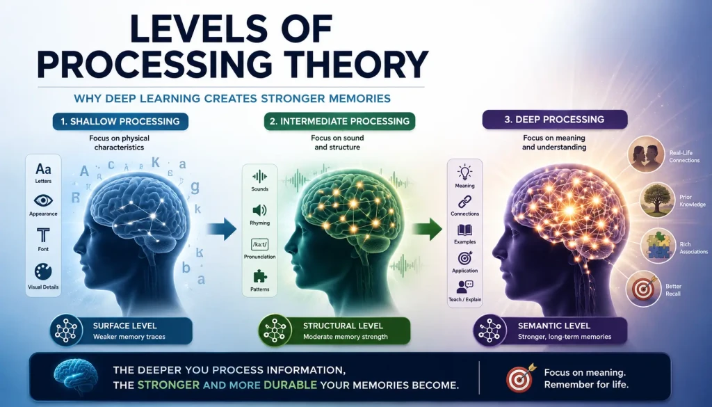 Levels of Processing Theory illustration showing shallow, intermediate, and deep processing stages that strengthen long-term memory retention and learning.