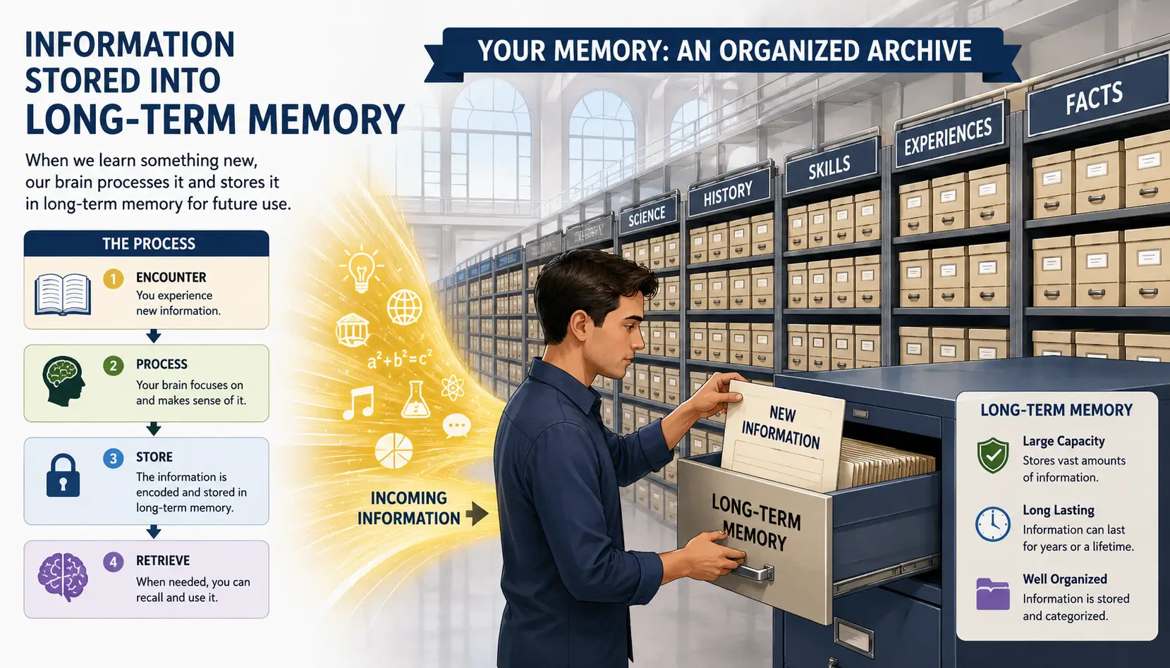 Long-term memory illustration showing information being stored, organized, and retained for future recall.