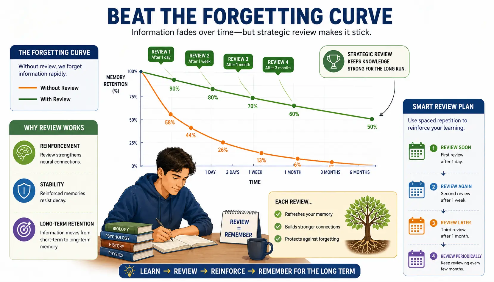 Long-term memory strengthening through retrieval practice, review, and spaced repetition over time.
