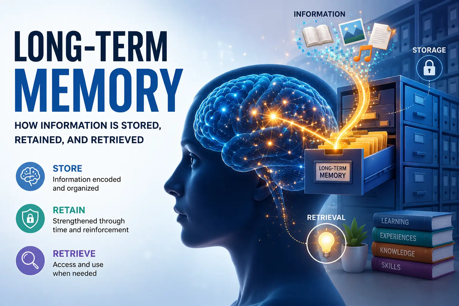 Long-term memory illustration showing how information is stored, reinforced through retrieval, and retained for future recall over extended periods.