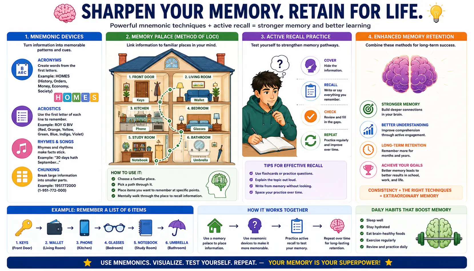 Memory palace visualization, mnemonic techniques, and retrieval practice used to strengthen memory and recall