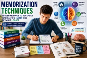 Student using proven memorization techniques including mnemonics, active recall, and spaced repetition to improve memory retention