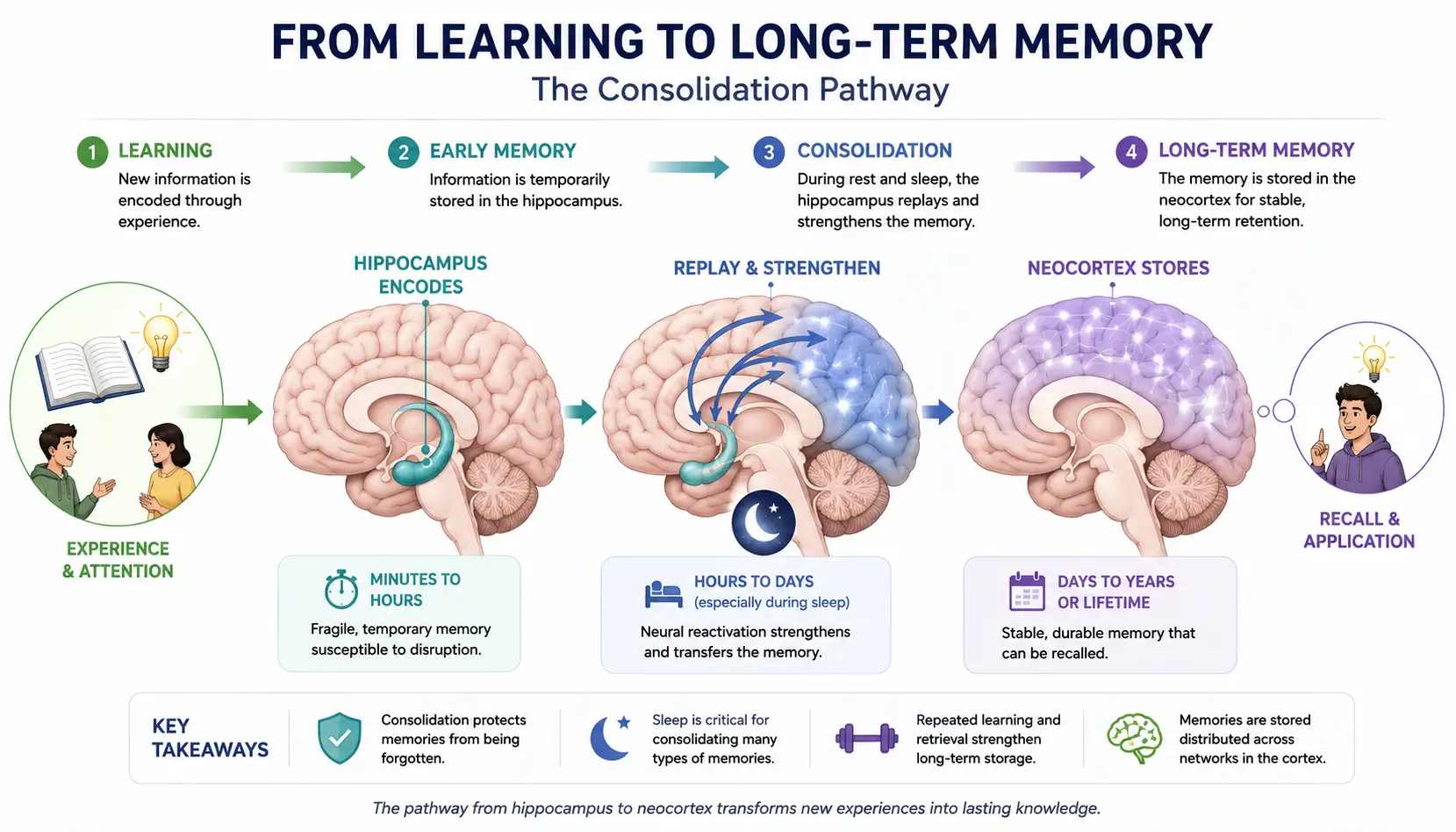 Memory consolidation process showing information being transformed from new learning into stable long-term memory.