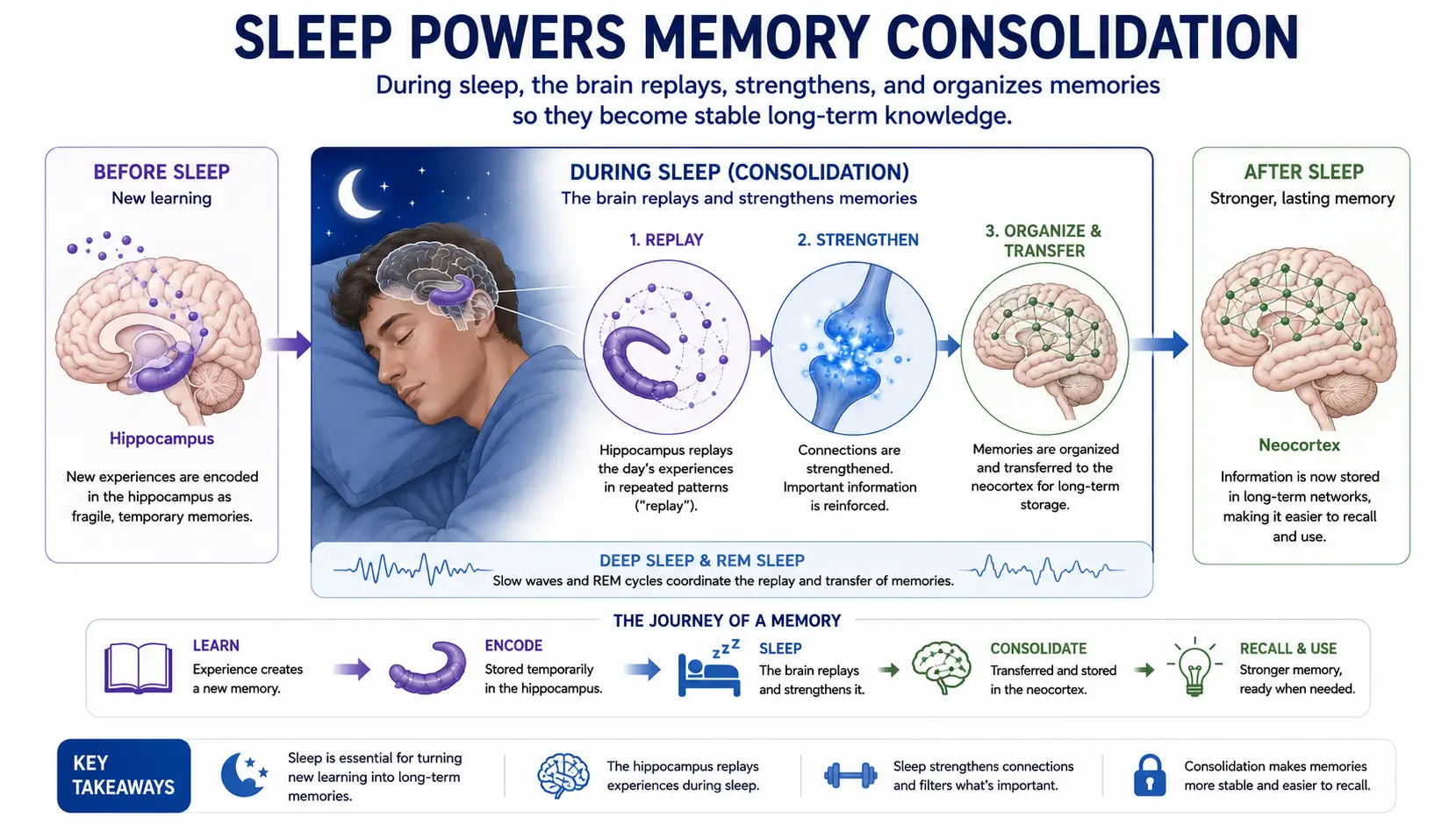 Sleep and memory consolidation illustration showing how the brain strengthens and organizes memories during sleep.
