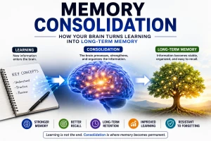 Memory consolidation illustration showing how new information becomes stable long-term memory through neural strengthening, retrieval, and sleep-supported processing.