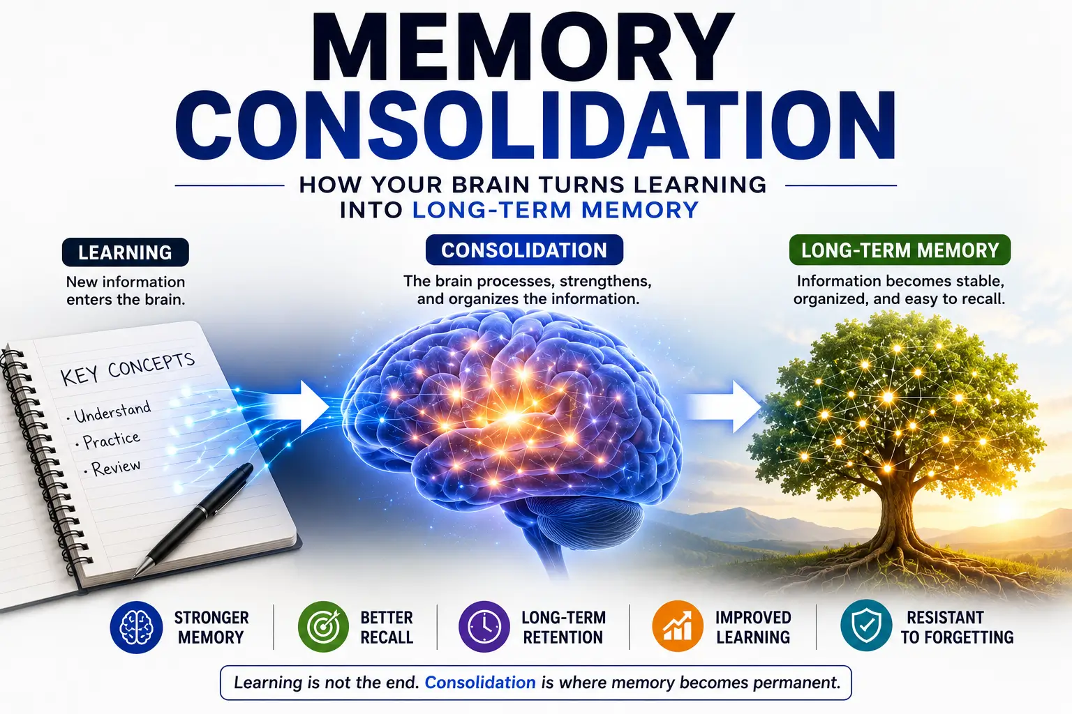Memory consolidation illustration showing how new information becomes stable long-term memory through neural strengthening, retrieval, and sleep-supported processing.