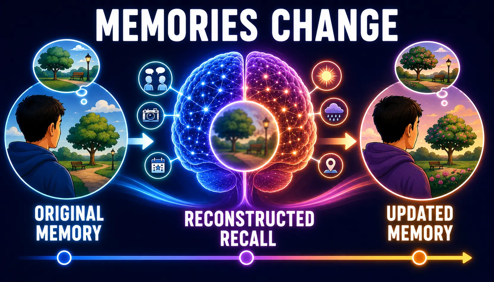 Modern educational infographic showing memory reconstruction process, original experience transforming into recalled memory through retrieval, interpretation, and reconsolidation, large central brain, 3-4 large visual stages only, highly readable mobile-friendly design, clean psychology illustration, high contrast, 1400x800