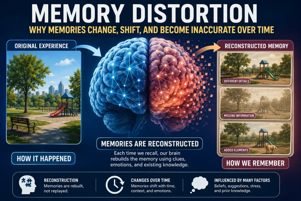 Memory distortion illustration showing changing memories, reconstructed recall, and memory updates over time