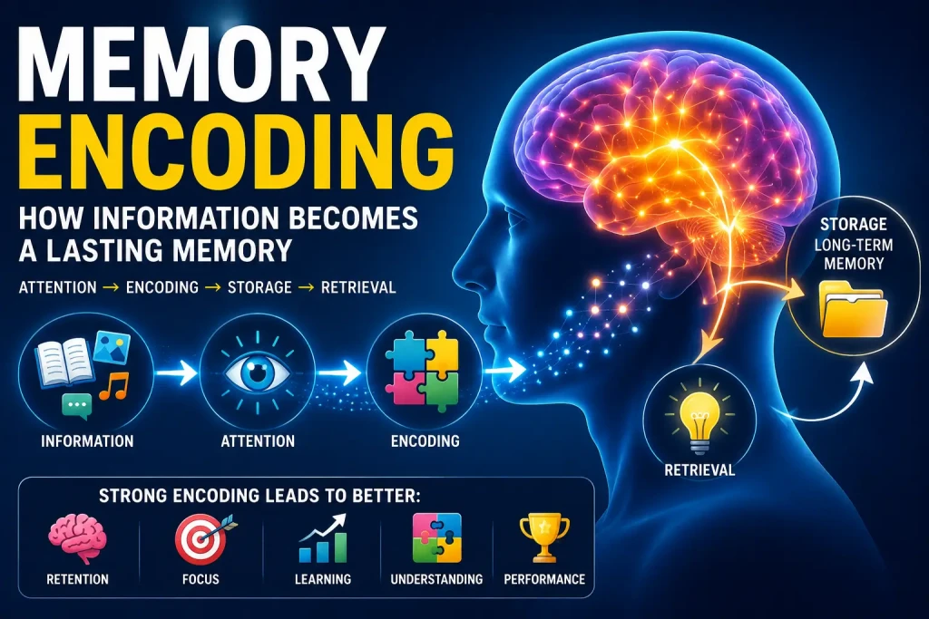 Memory encoding illustration showing how information is processed, organized, and transformed into long-term memory through attention, meaning, and retrieval.