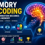 Memory encoding illustration showing how information is processed, organized, and transformed into long-term memory through attention, meaning, and retrieval.