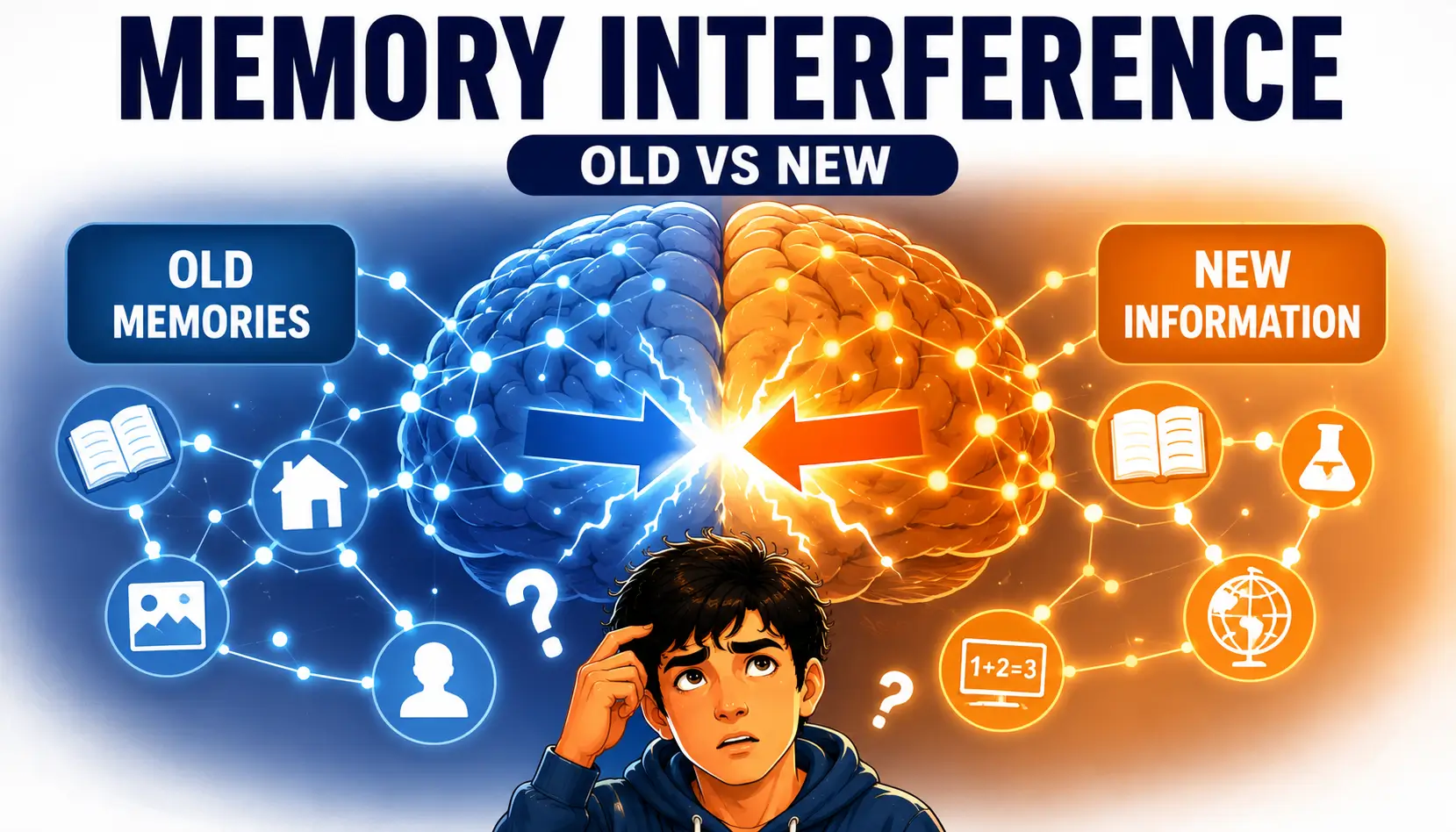 Memory interference illustration showing old and new memories competing during recall inside the brain.
