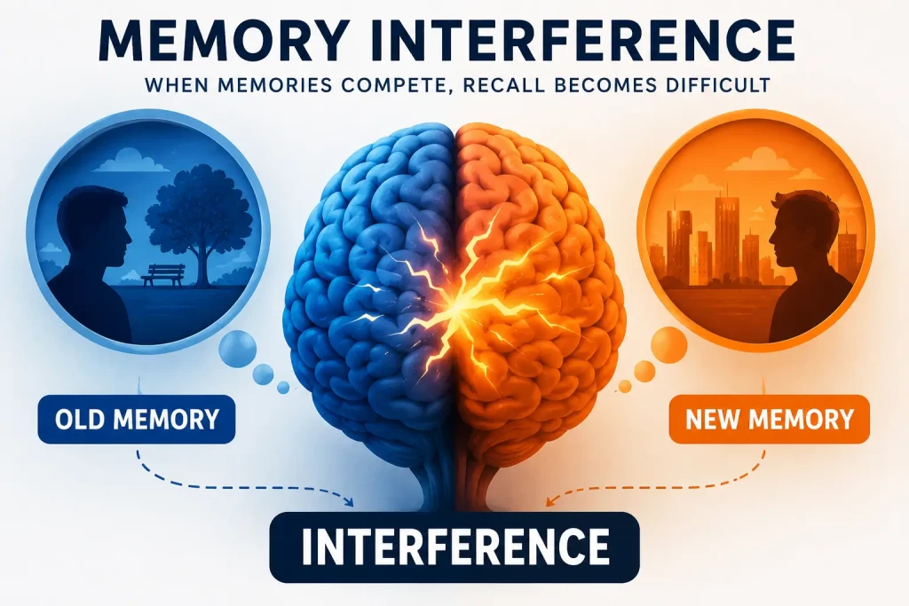 Memory interference illustration showing old and new memories competing during recall and affecting long-term memory retrieval.
