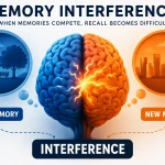 Memory interference illustration showing old and new memories competing during recall and affecting long-term memory retrieval.