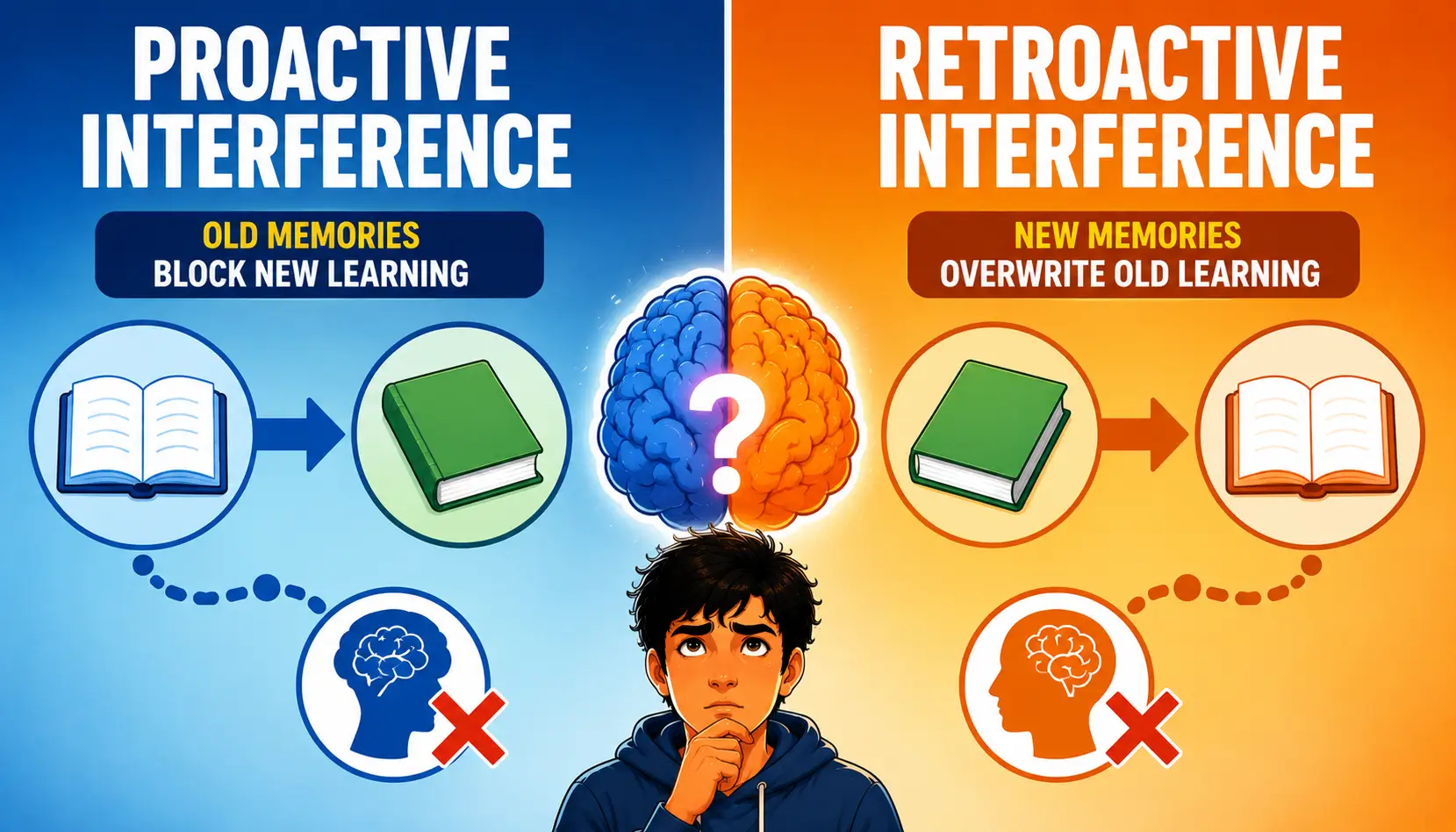 Comparison of proactive interference and retroactive interference showing how old and new memories affect recall.