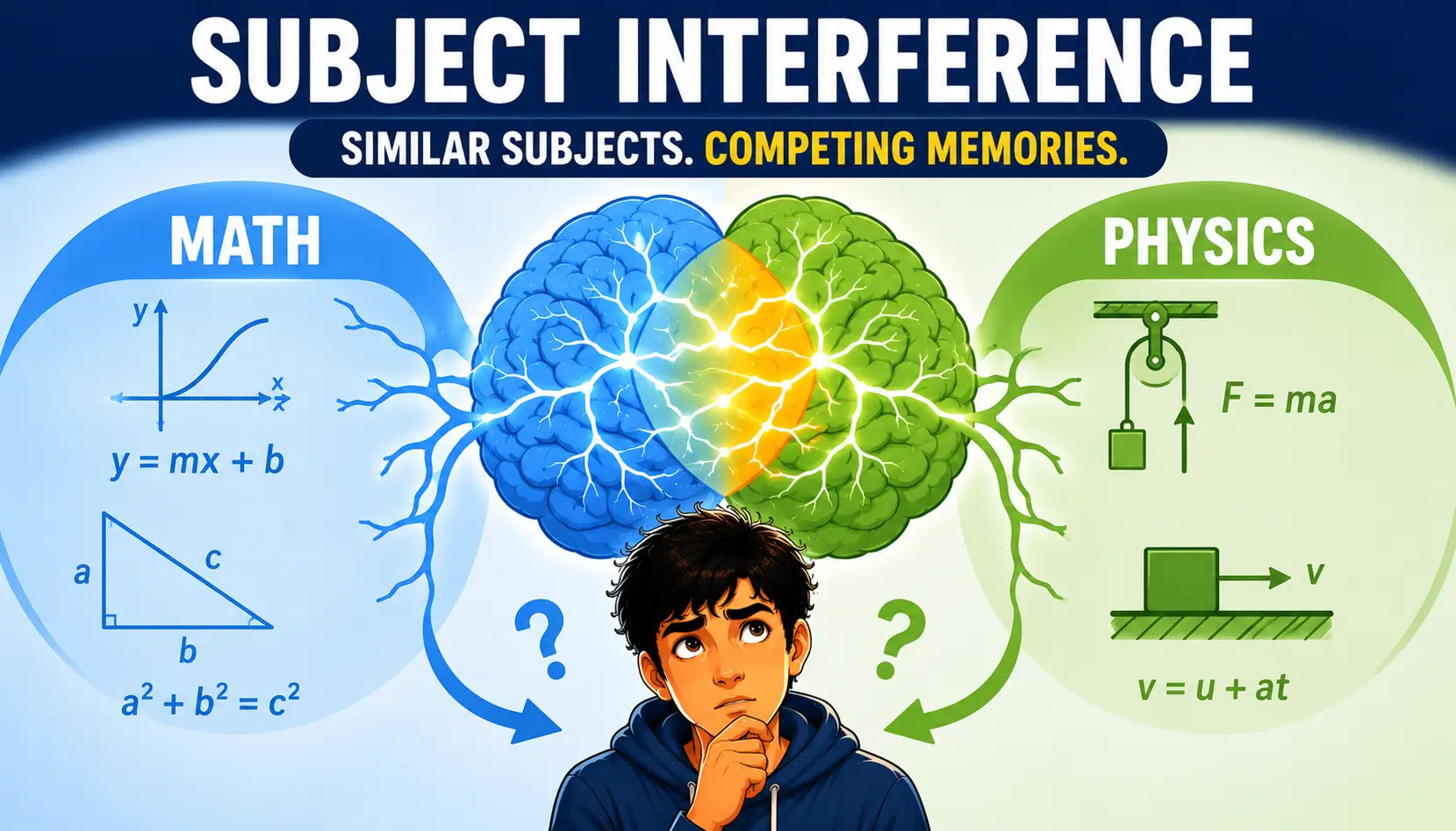 Memory interference during learning showing competing information from similar subjects affecting recall.