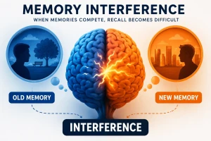 Memory interference illustration showing old and new memories competing during recall and affecting long-term memory retrieval.