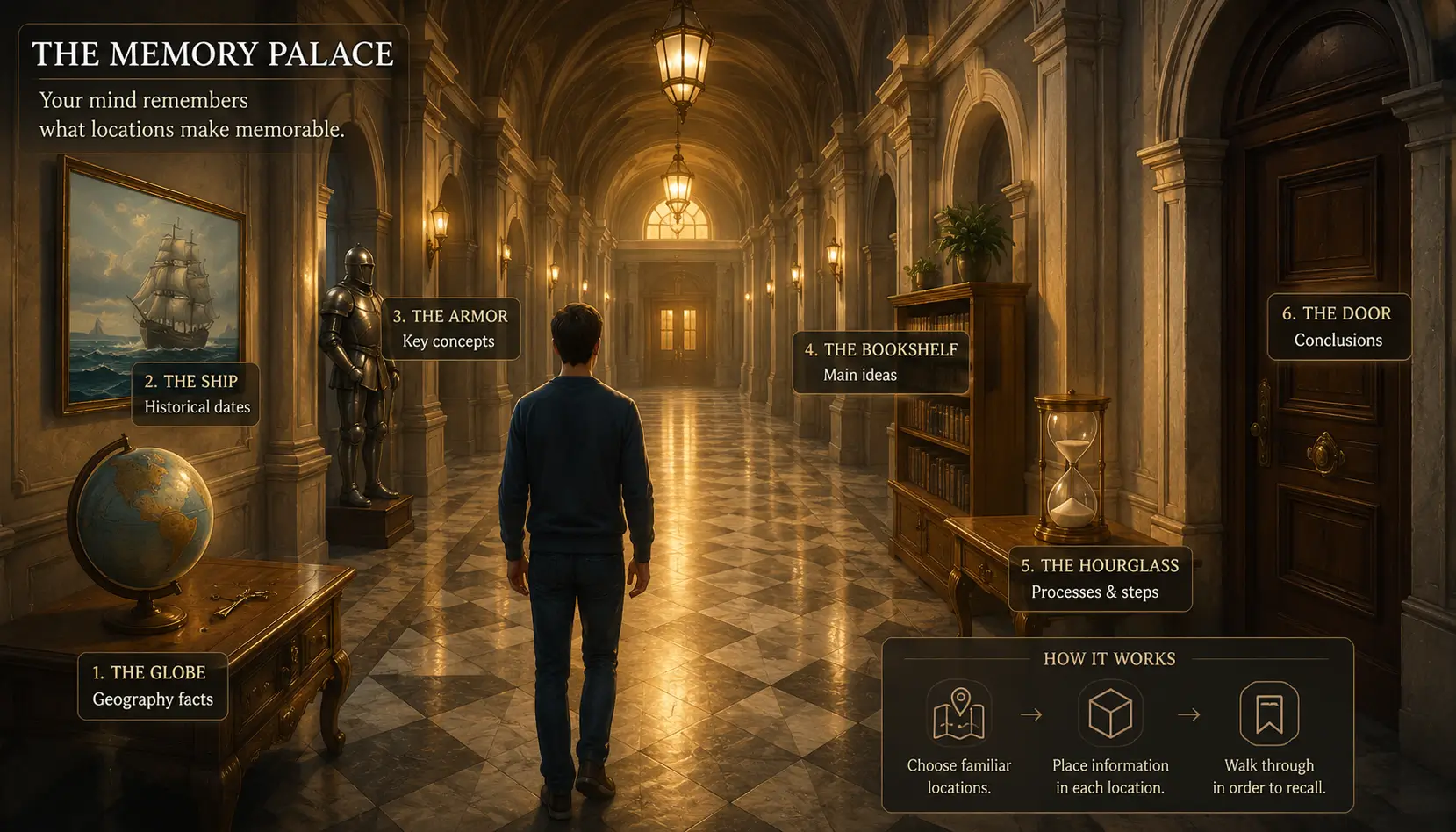 Person mentally walking through a memory palace and using locations to store information for better recall.