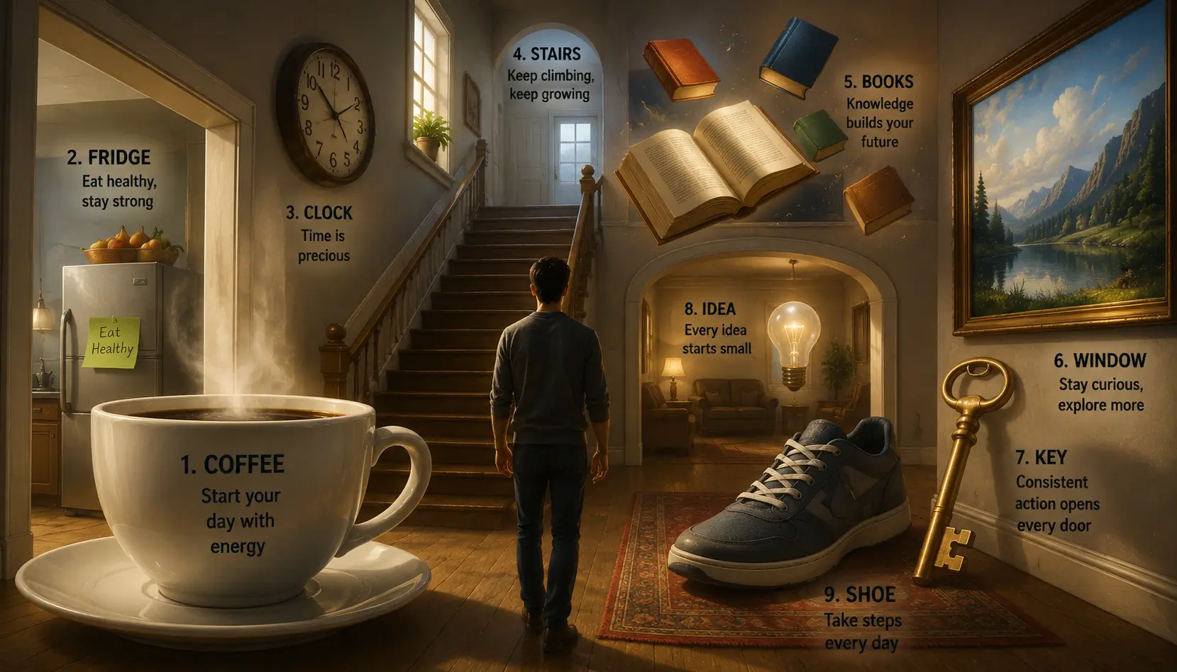 Unusual visual associations inside a memory palace helping improve recall through vivid mental imagery.