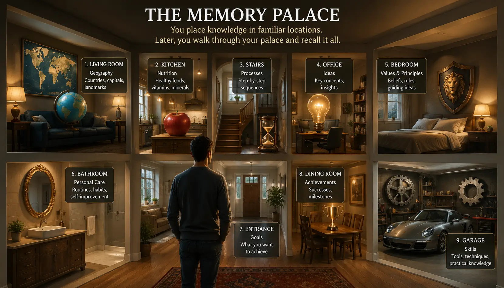 Memory palace visualization showing information organized throughout familiar rooms for easier recall.