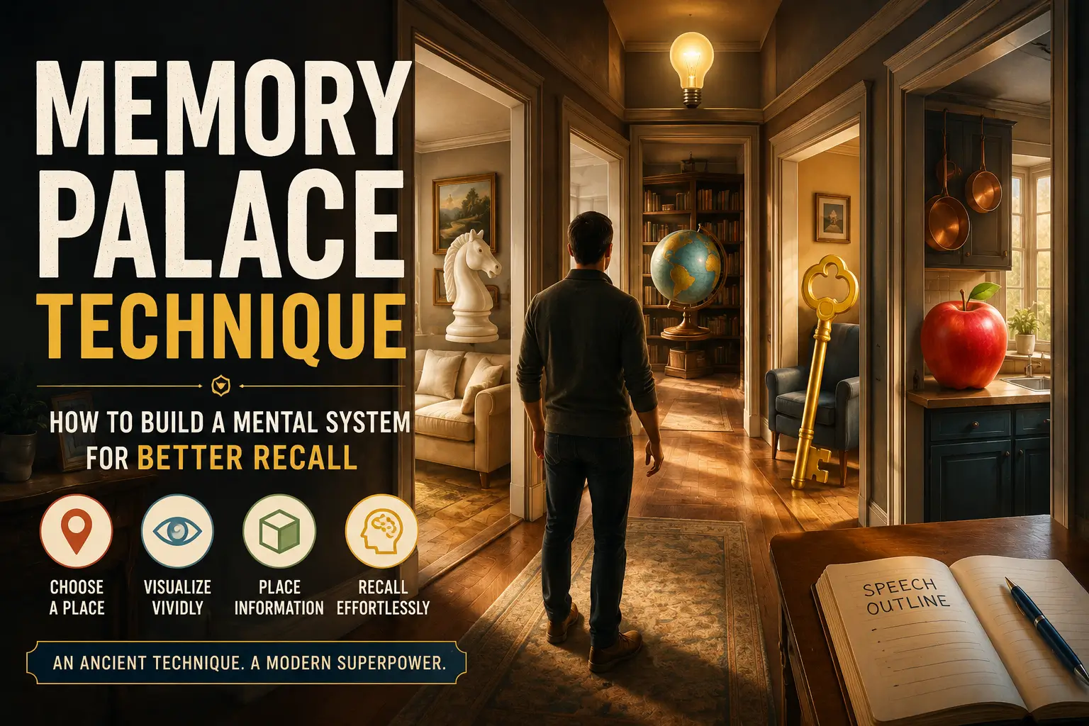 Memory Palace Technique illustration showing information stored throughout familiar locations to improve long-term recall and memory performance.
