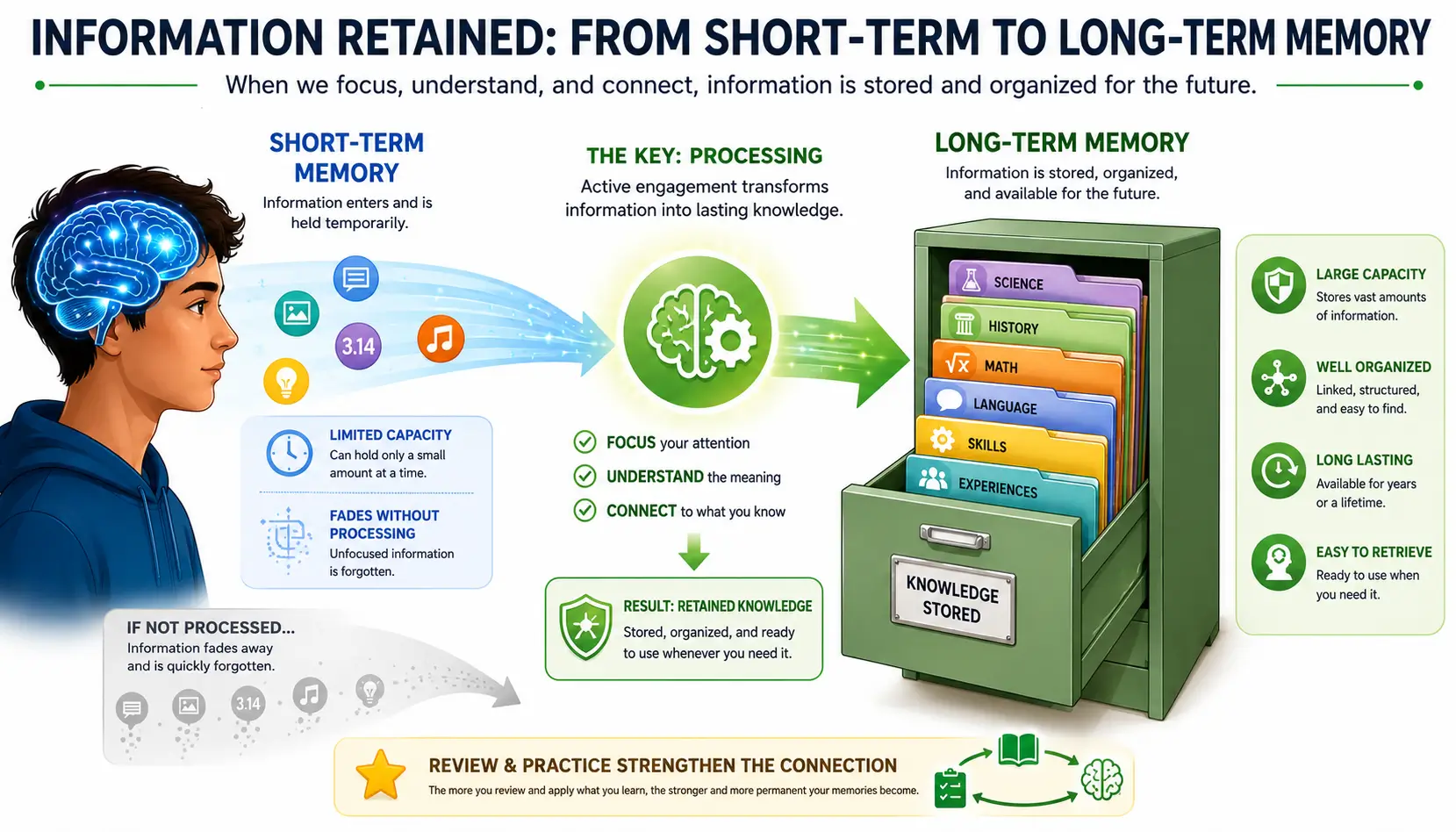Memory retention illustration showing information being preserved, organized, and stored for future recall.