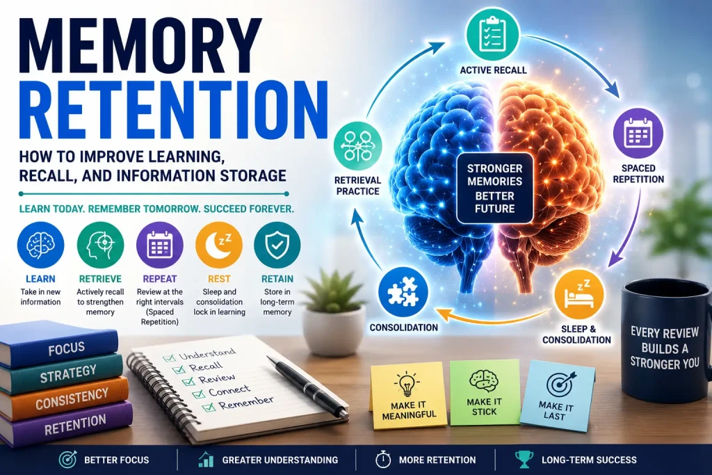 Memory retention illustration showing how information is reinforced through retrieval practice, spaced repetition, sleep, and long-term memory storage.