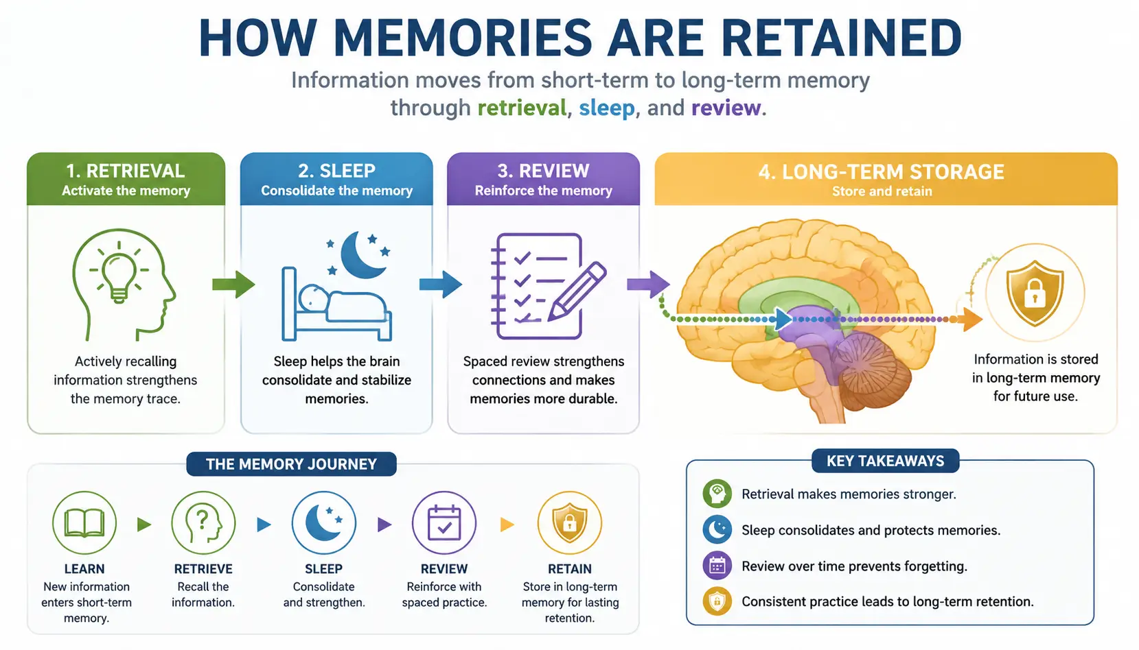 Memory retention system showing how learning becomes long-term knowledge through reinforcement and retrieval.