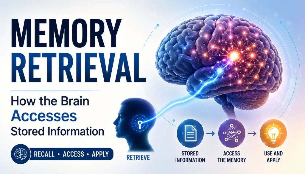 Memory retrieval illustration showing stored knowledge being recalled through strengthened neural pathways, retrieval cues, and active recall practice.