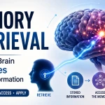 Memory retrieval illustration showing stored knowledge being recalled through strengthened neural pathways, retrieval cues, and active recall practice.