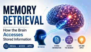 Memory retrieval illustration showing stored knowledge being recalled through strengthened neural pathways, retrieval cues, and active recall practice.