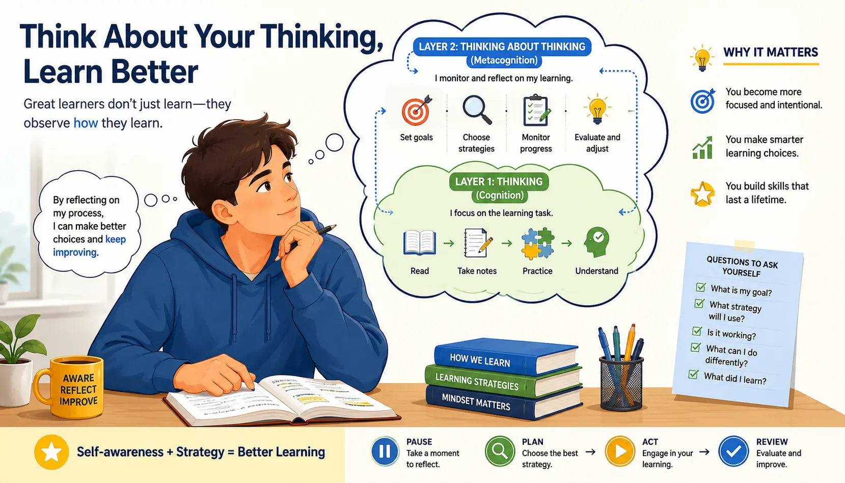metacognition-1Metacognitive learning cycle showing study, reflection, self-assessment, and continuous improvement.
