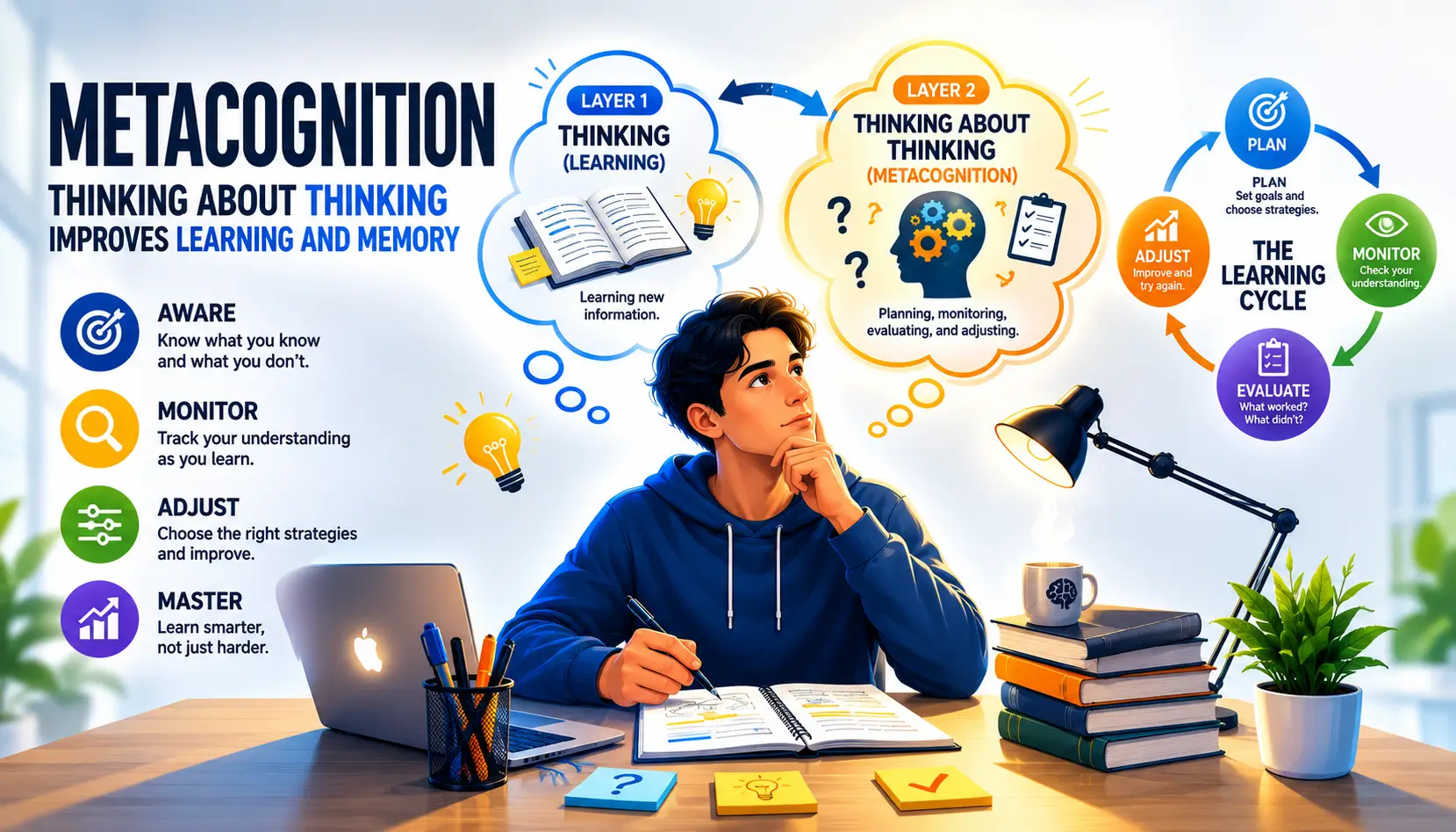 Metacognition illustration showing a learner analyzing their own thinking and learning process to improve understanding.