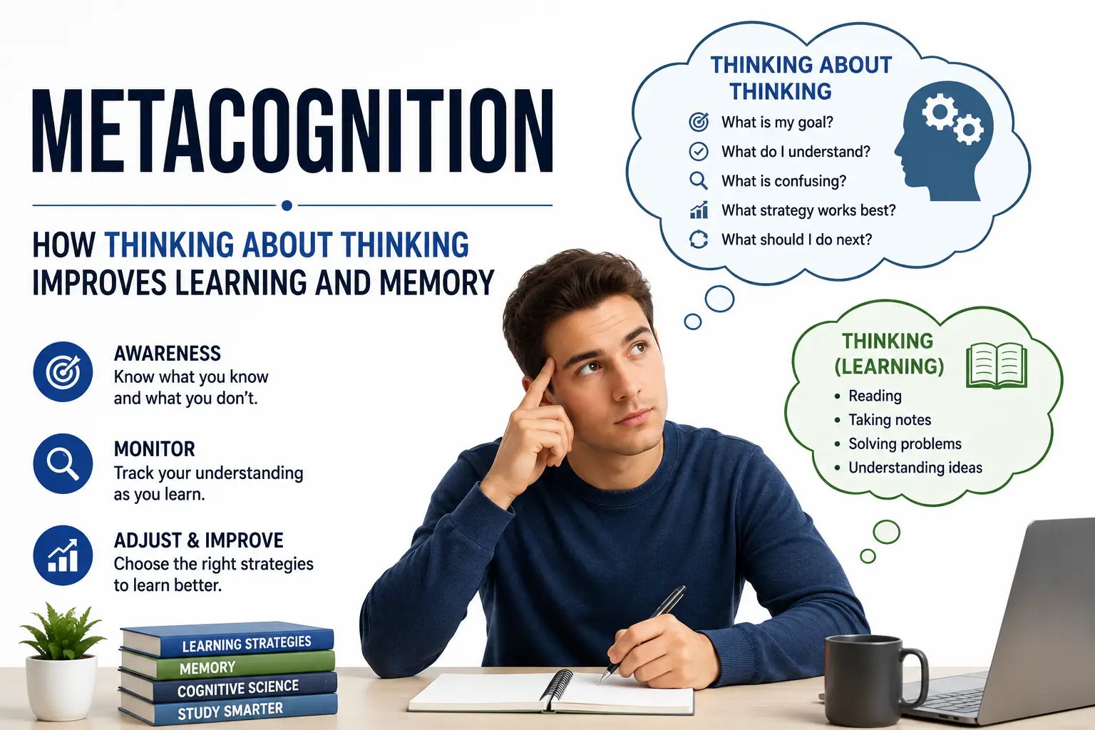 Metacognition illustration showing a learner evaluating their own thinking, monitoring progress, and improving learning strategies through self-reflection.