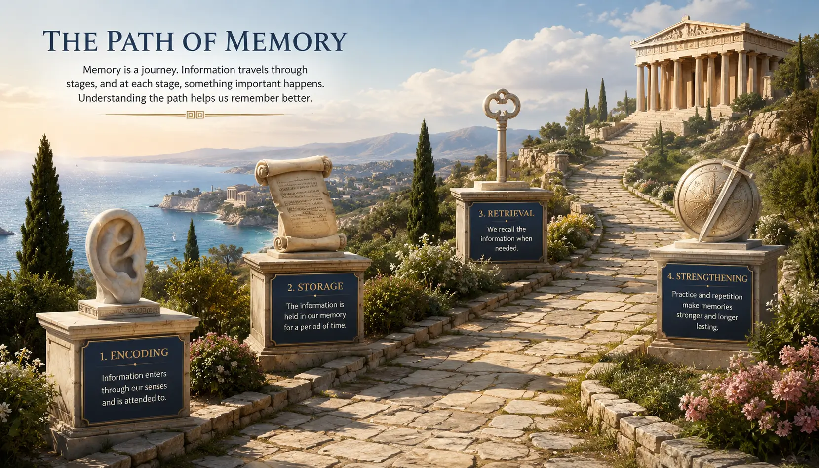 Ancient Method of Loci memory pathway using familiar locations to organize and recall information.